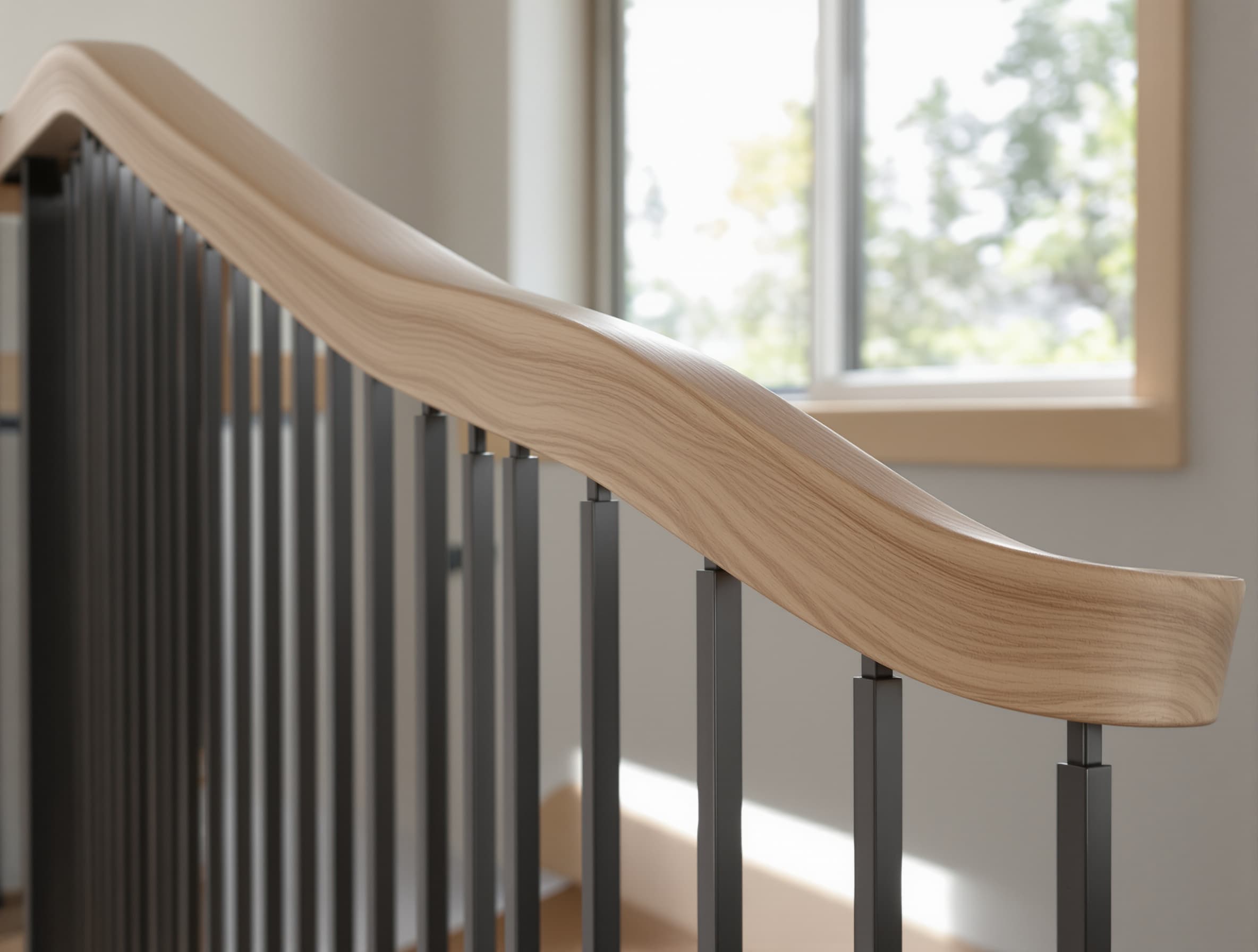 Design concept — sculpted white-oak curved handrail over blackened-steel balusters, detail