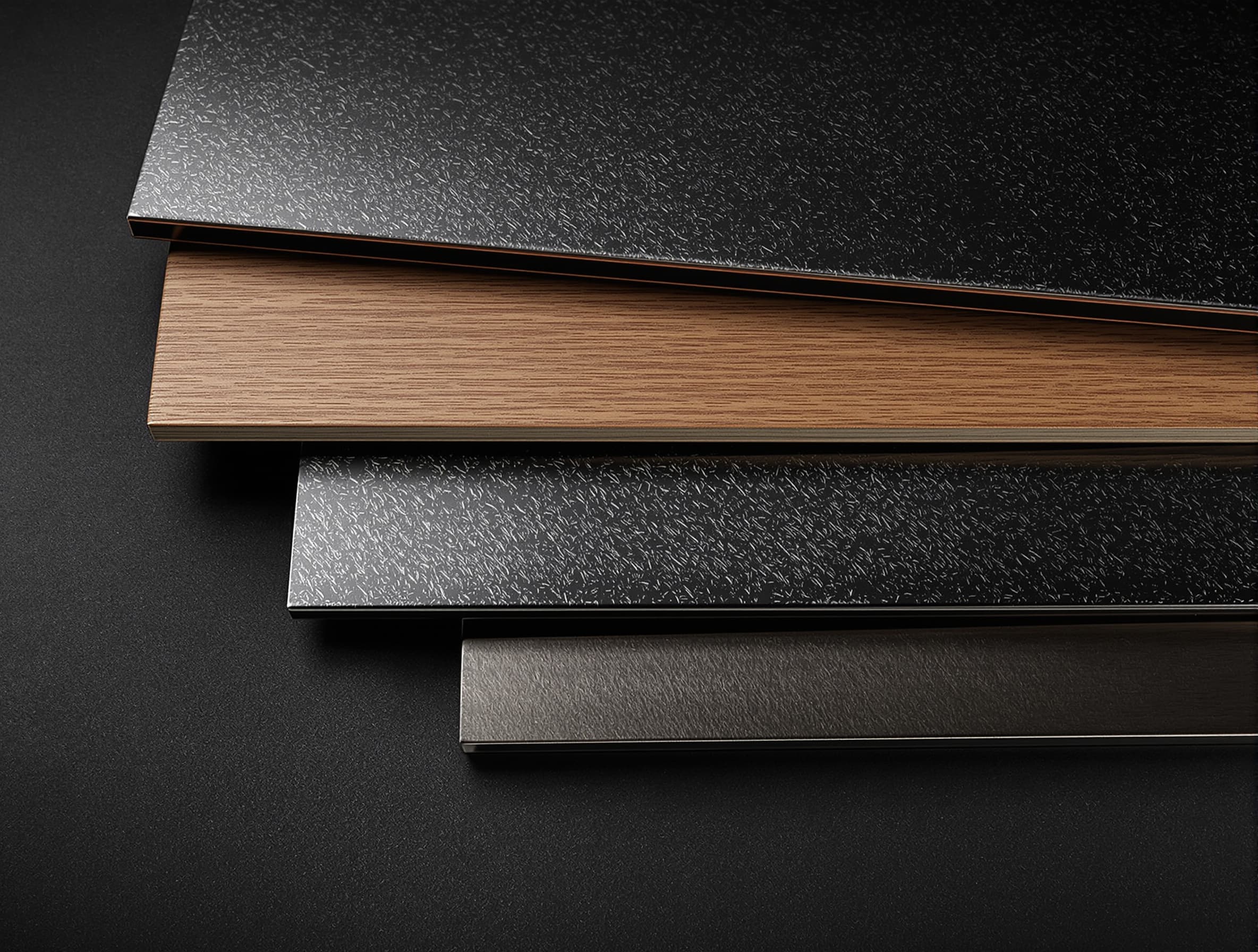 Stair material palette — white oak, walnut, blackened steel, and stainless